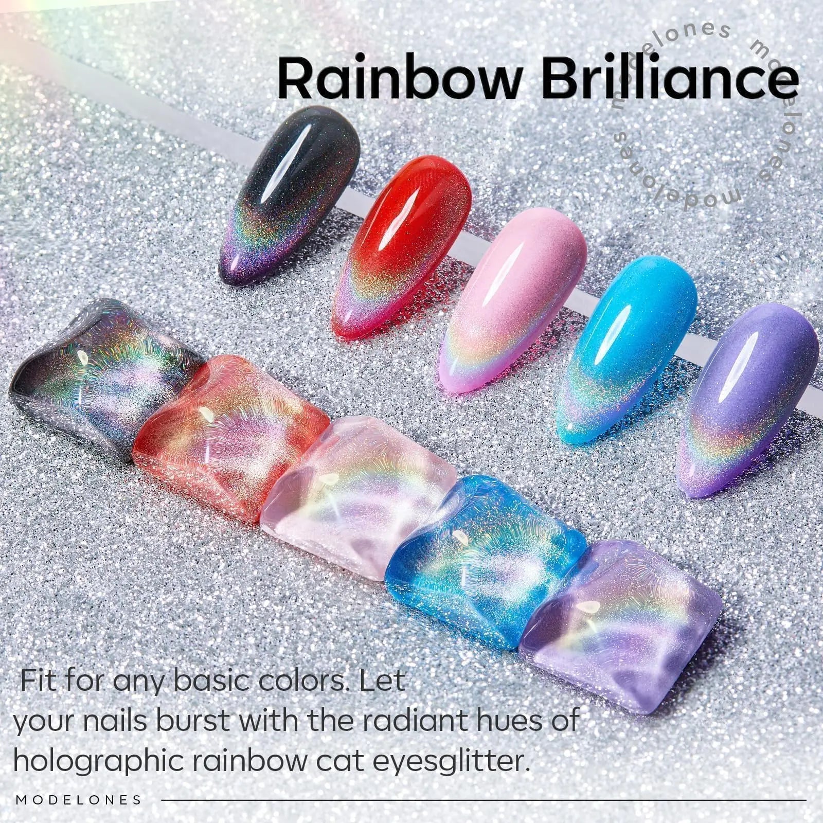 modelones Cat Eye Rainbow Gel Nail Polish Silver Glitter Holographic Glass 9D Cat Eye Gel Polish with Magnet Stick Soak Off U V
