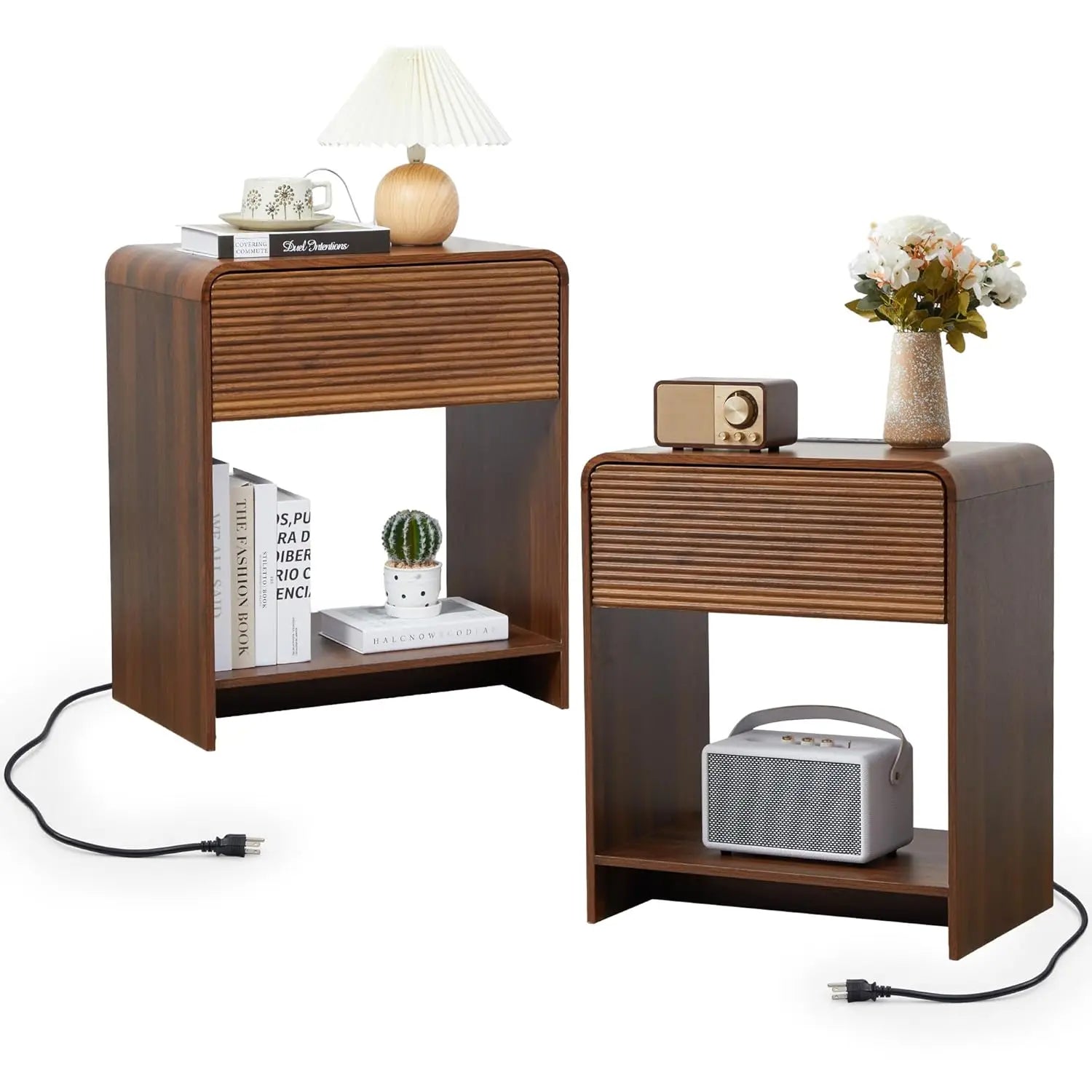 Fluted Nightstand Set of 2 with Charging Station, Modern Bed Side Table End Table with Drawer Storage, Large Wooden, Customized