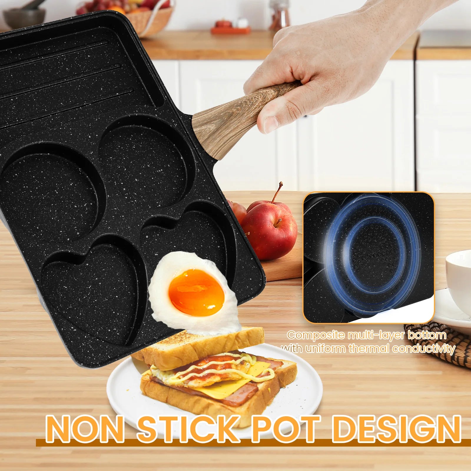 Maifanstone 5 in 1 Non Stick Egg Frying Pan Rapid Heating Omelette Frying Pan with 5 Compartment Uniform Heating for Breakfast