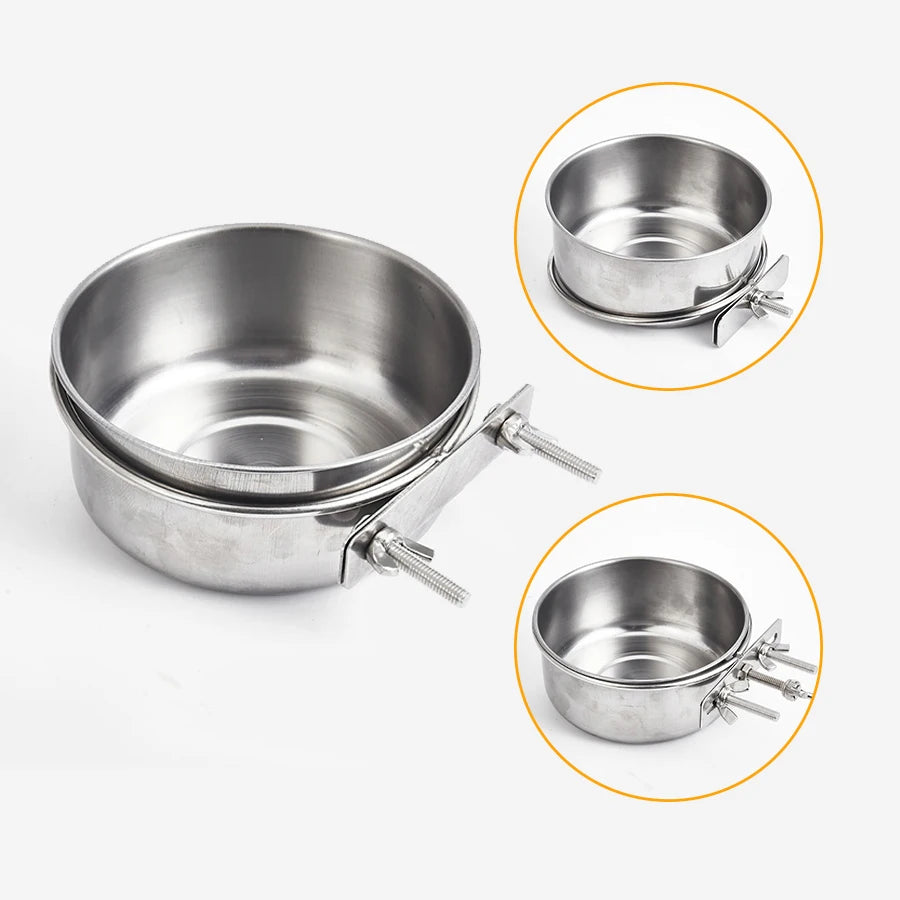 Bird Feeder Parrot Rabbit Hamster Pet Food Dish Water Cup Stainless Steel Clamp-on Water Drinker Cage Cup Hanging Bowl