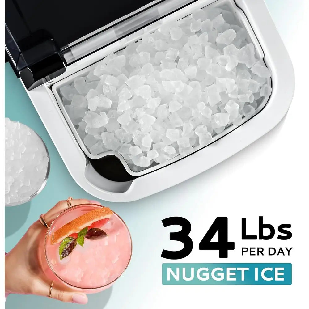 Nugget Ice Maker Countertop with Handle, Ready in 6 Mins, 34lbs Per Day, Removable Top Cover, Auto-Cleaning, Portable Sonic Ice