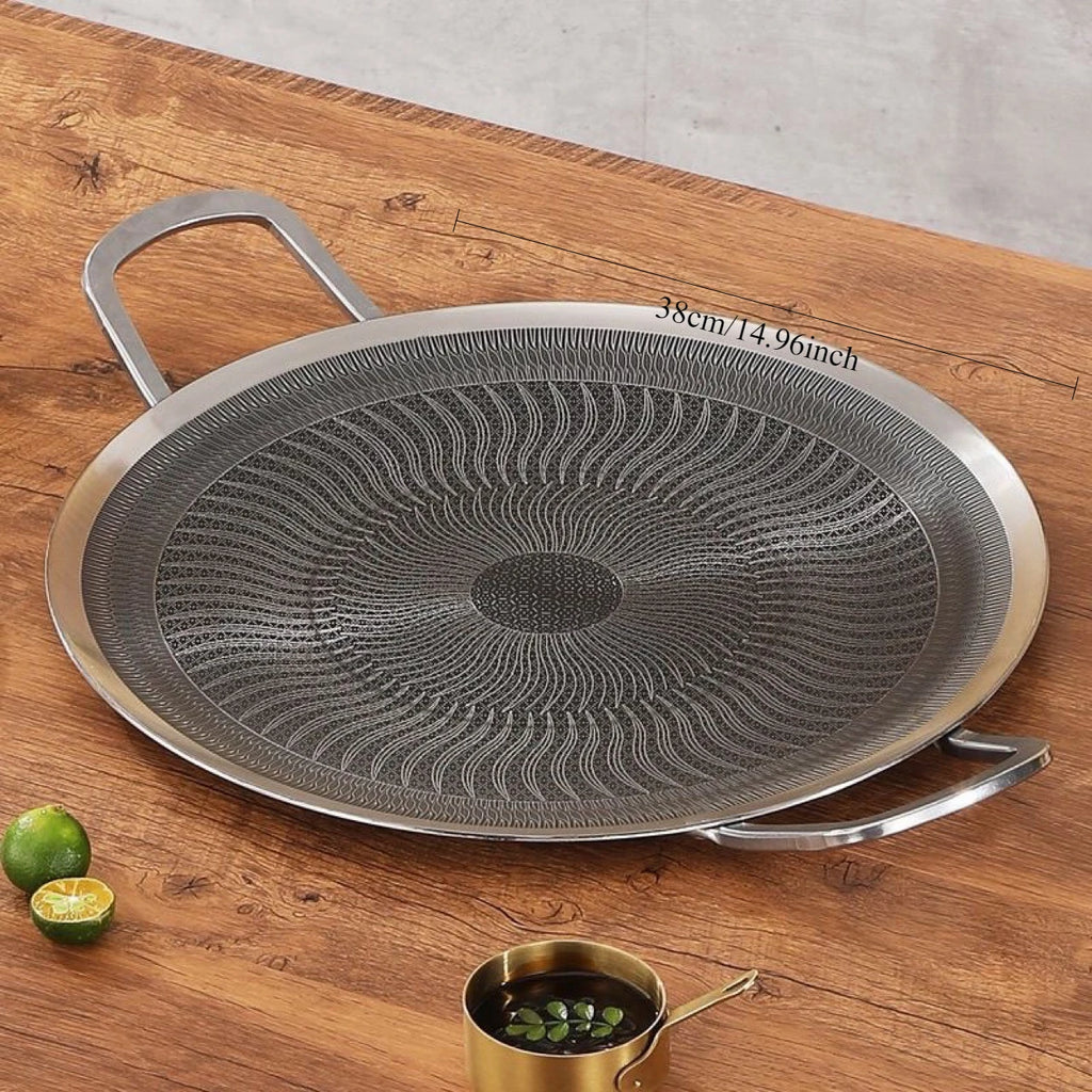 Stainless Steel Grill Pan for Outdoor BBQ, Camping, Korean BBQ, Compatible with Induction Stove & Gas Burner Stainless Steel