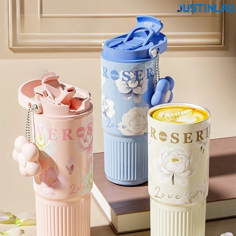 JUSTINLAU High Appearance Portable Straw Cup for Girls, Large Capacity Stainless Steel Insulated Cup Ice King Handheld Water Cup