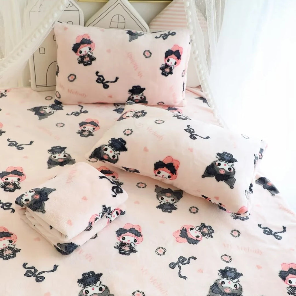 Lolita My Melody Kuromi Blanket Cartoon Pattern Printing Warm Blanket Pillowcase Singe Size Flannel Blanket Bedspread Bedroom