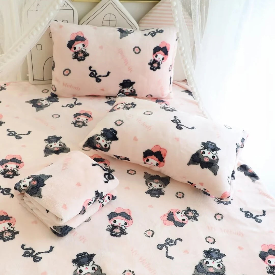 Lolita My Melody Kuromi Blanket Cartoon Pattern Printing Warm Blanket Pillowcase Singe Size Flannel Blanket Bedspread Bedroom
