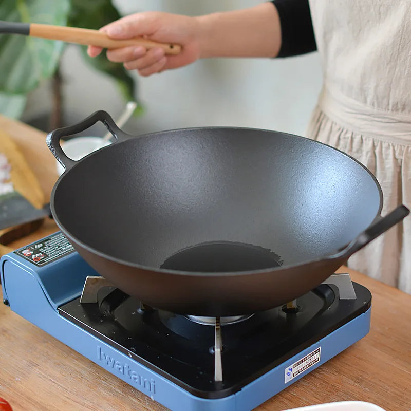 Traditional Thickened Double Ear Cast Iron Pot with Old-style round Bottom Large Household Non-coated Non-stick Raw Iron Pan