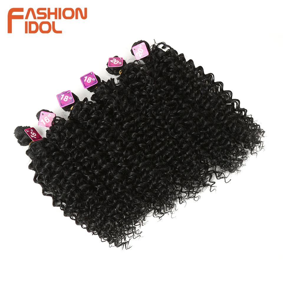 FASHION IDOL 16 18 20inch 240g/7pcs Afro Kinky Curly Hair Synthetic With Closure Ombre Color Kinky Curly Bundles Hair Extensions