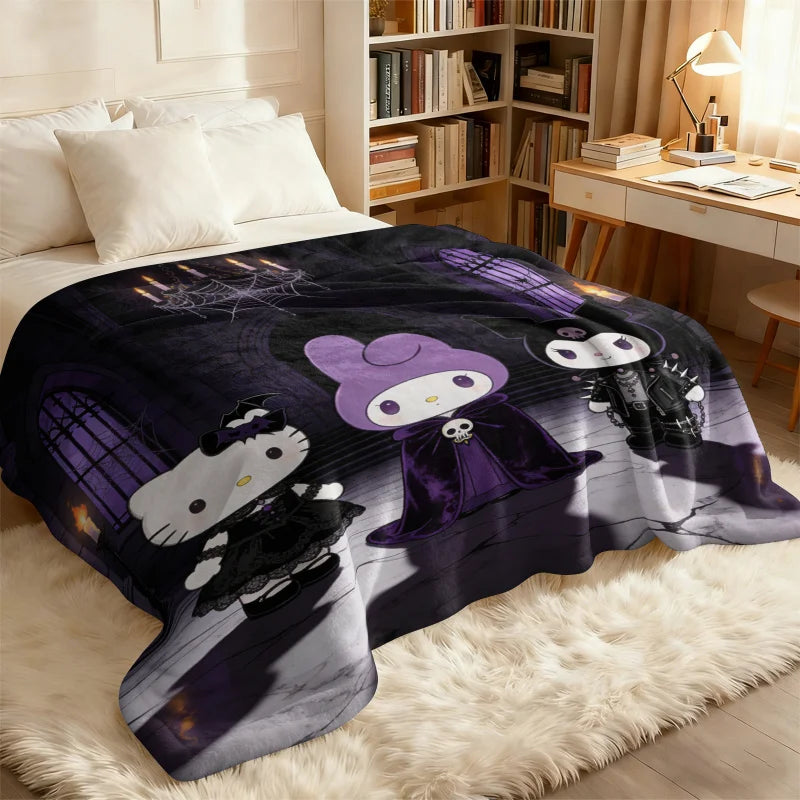 Sanrio Hello Kitty My Melody Kuromi Flannel Blanket Kawaii Gothic Castle Print Soft Cozy Throw Room Decor Gift Halloween Decor