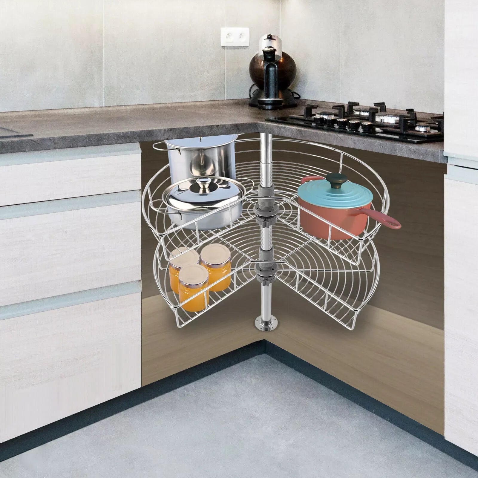 2-Shelf 24" Kidney Chrome Lazy Susan Kitchen Base Cabinet Corner Organizer Rack Iron