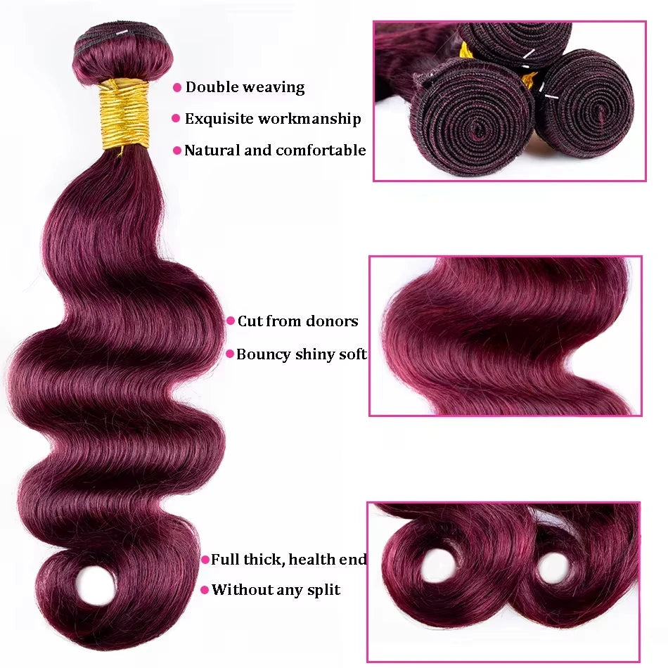 30 40 Inch 99j Body Wave Bundles Human Hair Burgundy 3 4 Bundles Raw Hair 100% Unprocessed Raw Hair Real  Human Hair Extensions