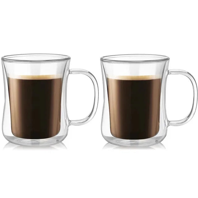 FOME 1/2/4pcs Double Wall Glass Coffee Cups Clear Espresso Mug With Handle For Hot Cold Beverage Milk Juice Teacup Drinkware Set