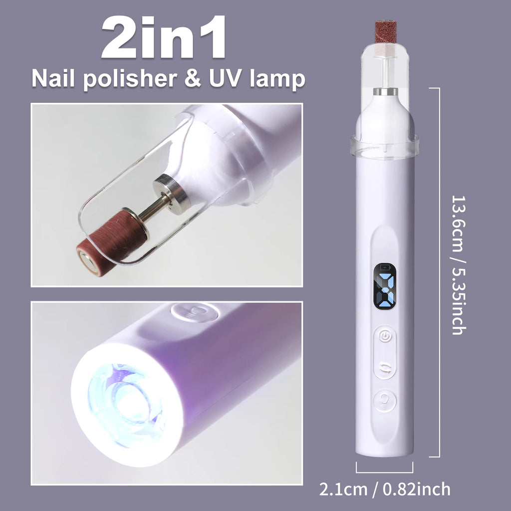 2 in 1 Electric Nail File Pen Rechargeable Nail Drill with UV LED Nail Lamp USB Portable Manicure Drill Salon Tool