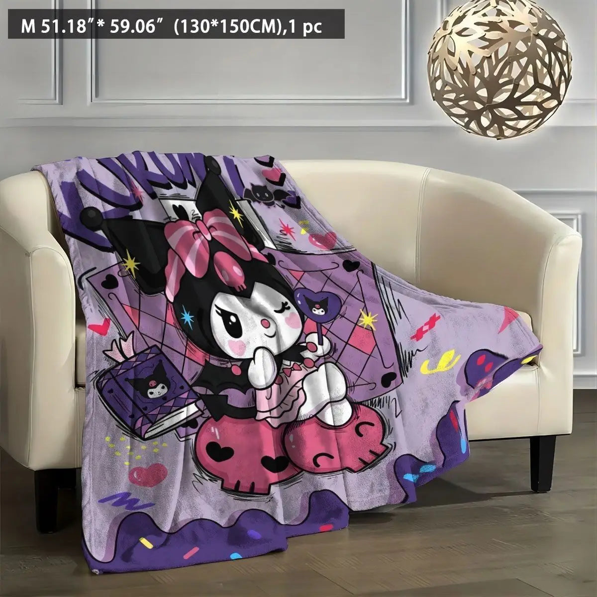Kuromi Pink Flame Trendy Blanket Edgy-style fleece throw bold for sofas Cozy warm decor gift with flame-patterned Kuromi design