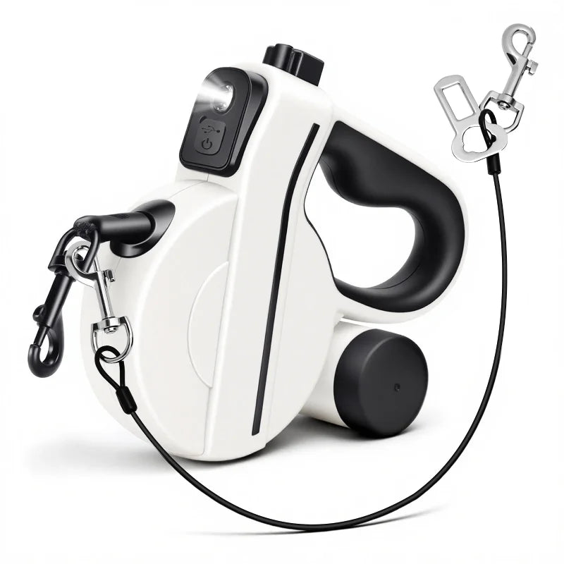 LED Retractable Dog Leash, Reflective & Tangle-Free with Poop Bag Holder for Night Safety, Black