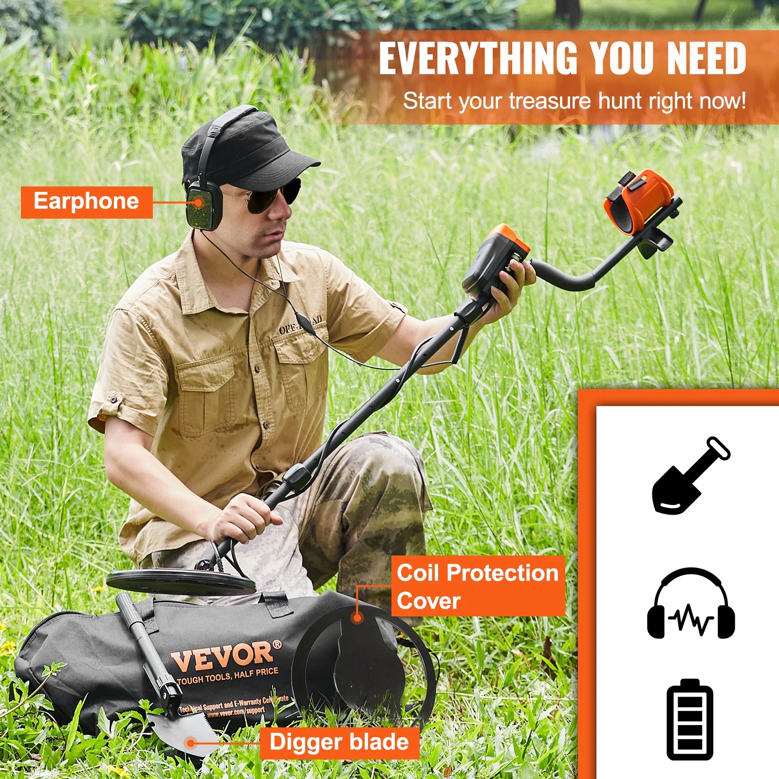VEVOR Metal Detector for Adults & Kids 10Inch Waterproof Search Coil with LCD Display 7 Modes Adjustable 41''-52'' Aluminum Stem