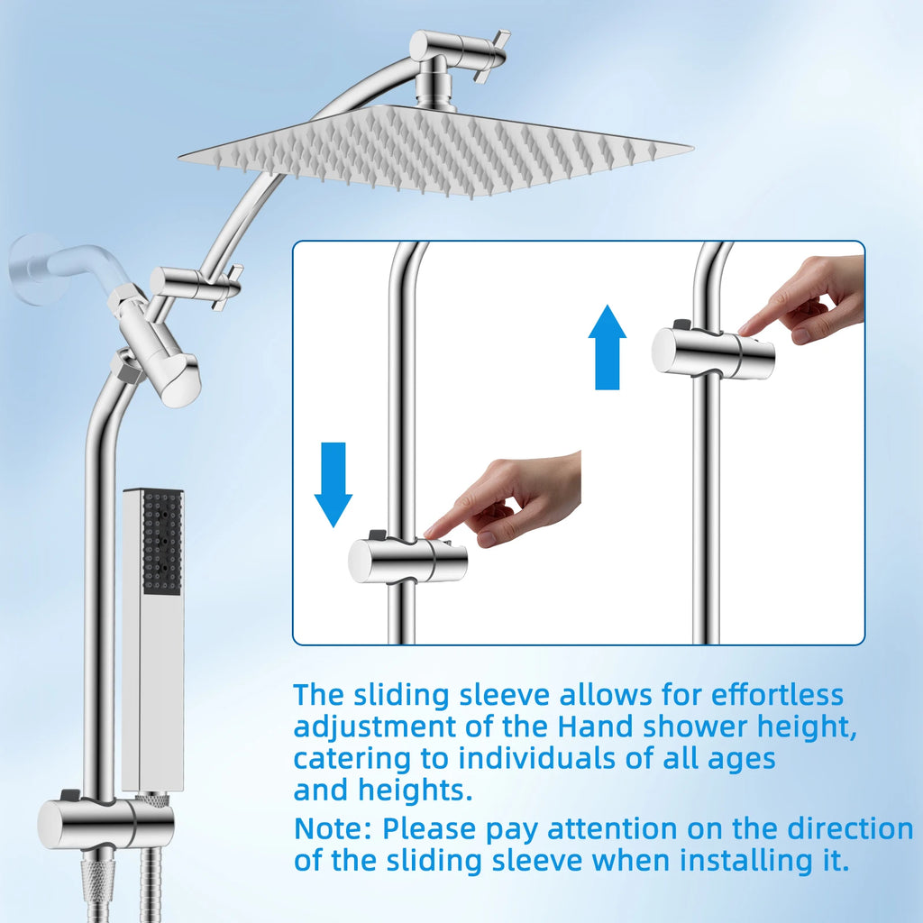 Dual Shower Head Combo, 10'' High Pressure Rain/Rainfall Shower Head, with Adjustable Slide Bar