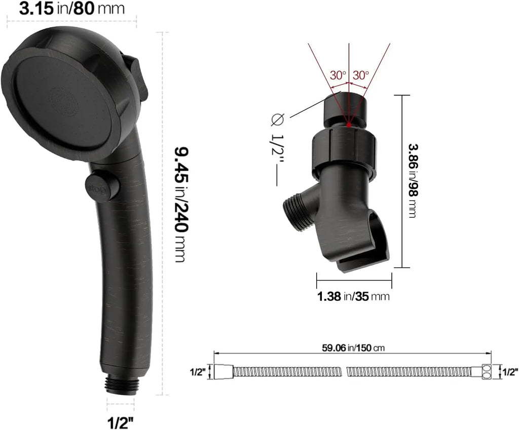 High Pressure Oil-Rubbed Bronze Handheld Shower Head with ON/OFF Switch, 3 Spray Modes, Adjustable Bracket