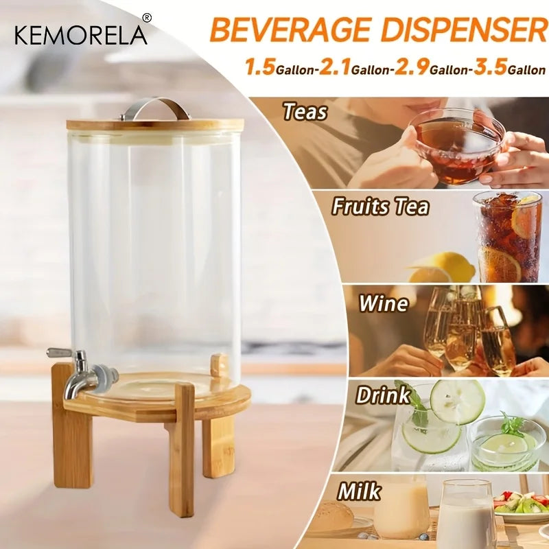 5L Glass Beverage Dispenser with Stand - Clear Drink Dispenser with Spigot Needed Durable Glass & Wood Base for Parties Bar