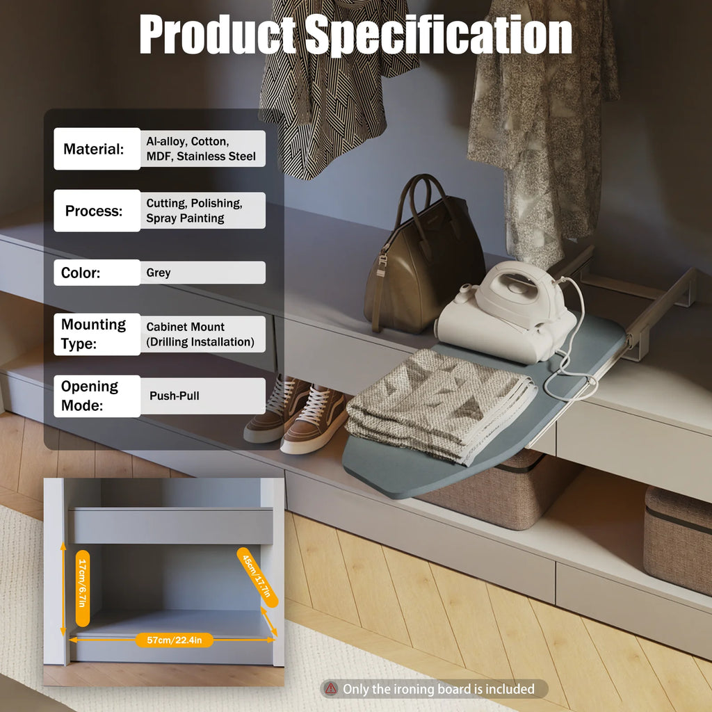 Folding Ironing Board for Cabinet, 180° Rotation Built-in Retractable Pull Out Ironing Board, Quiet Slide,Space Saving,Load 45kg
