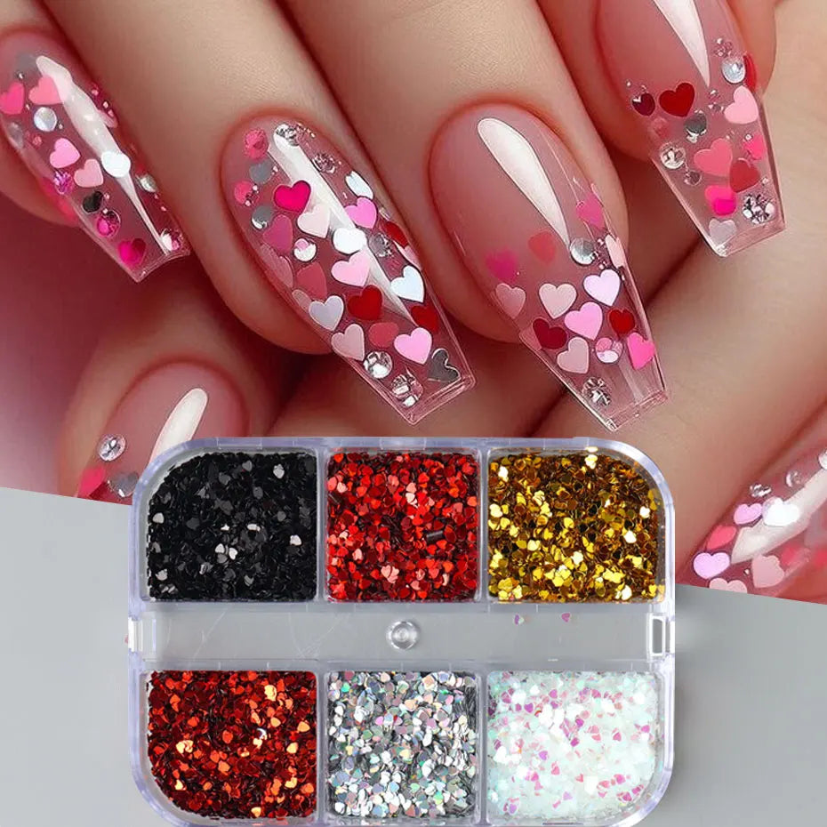 6 Grids Y2K Cute Heart Glitter Nail Sequins Kawaii Mini Golden Laser Silvery Love Nail Flake Korean Star DIY Nail Charm Supplies