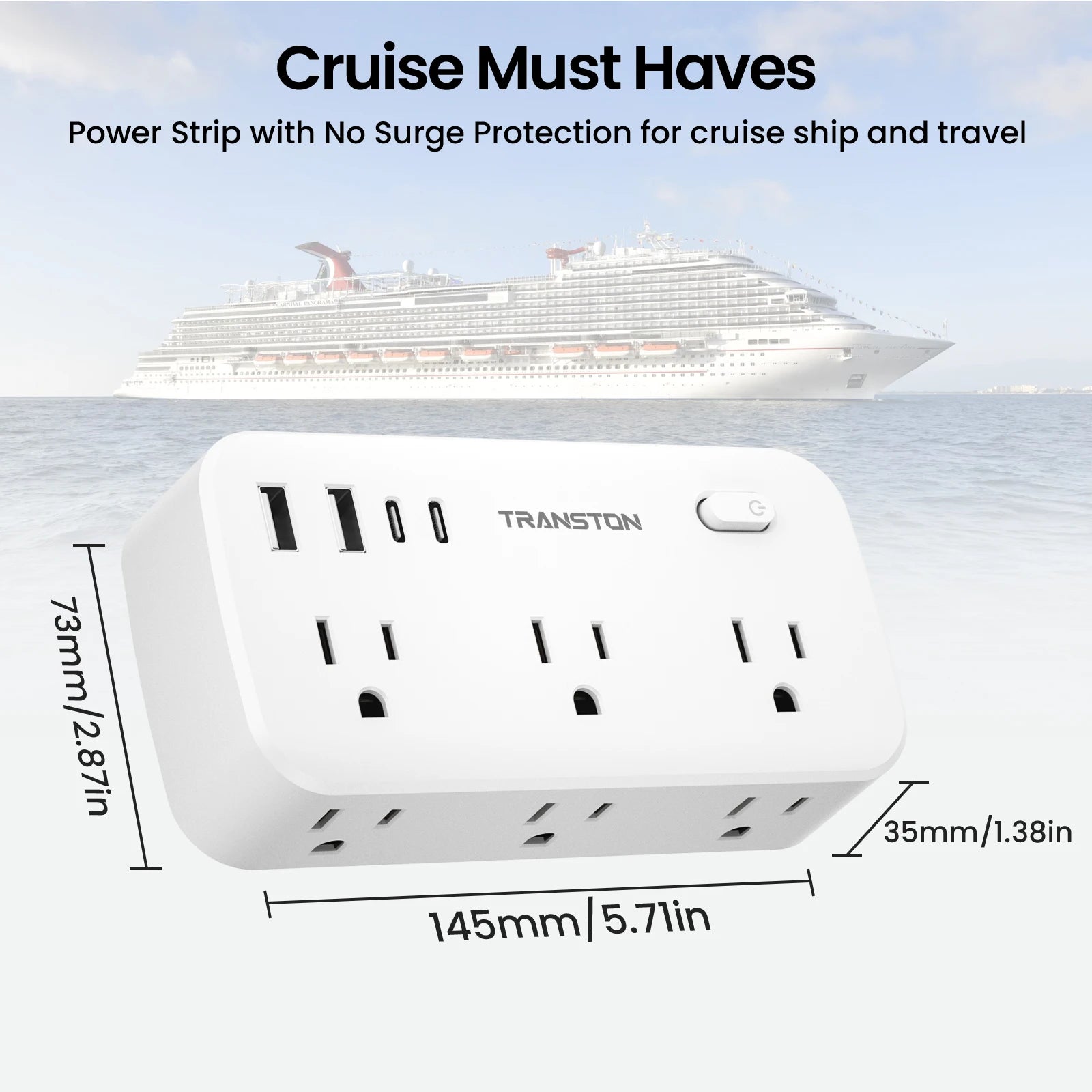 white，power strip surge protector with 6 AC Outlets,2 USB & 2 USB-C Fast Charging Ports,10 in 1,45°tilt plug,Advanced Protection