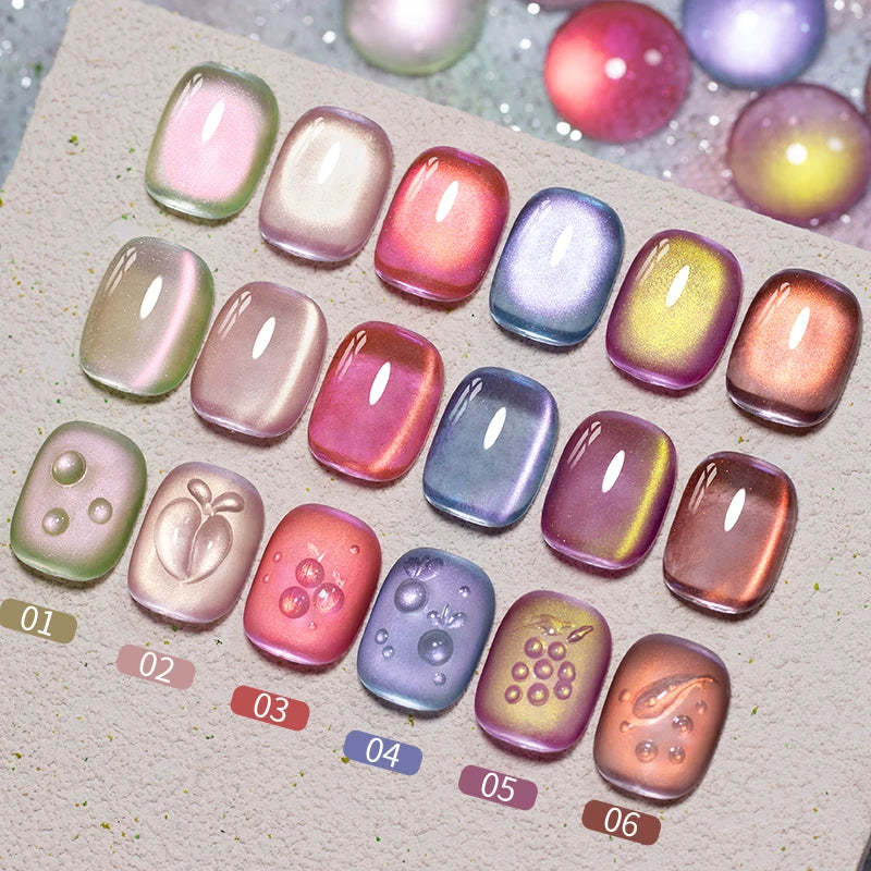 PUENTE 6pcs/set Fruit Series Cat Magnetic Gel Nail Polish Sparkling Blue Pink Purple Cat Eye Soak Off UV Semi-permanent Varnish