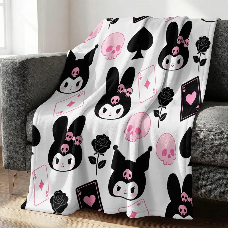 Kuromi Sanrio Flannel Throw Blanket Gothic Kawaii Card Skull Print Soft Warm Blanket for Girls Anime Home Decor Sofa Bed Blanket