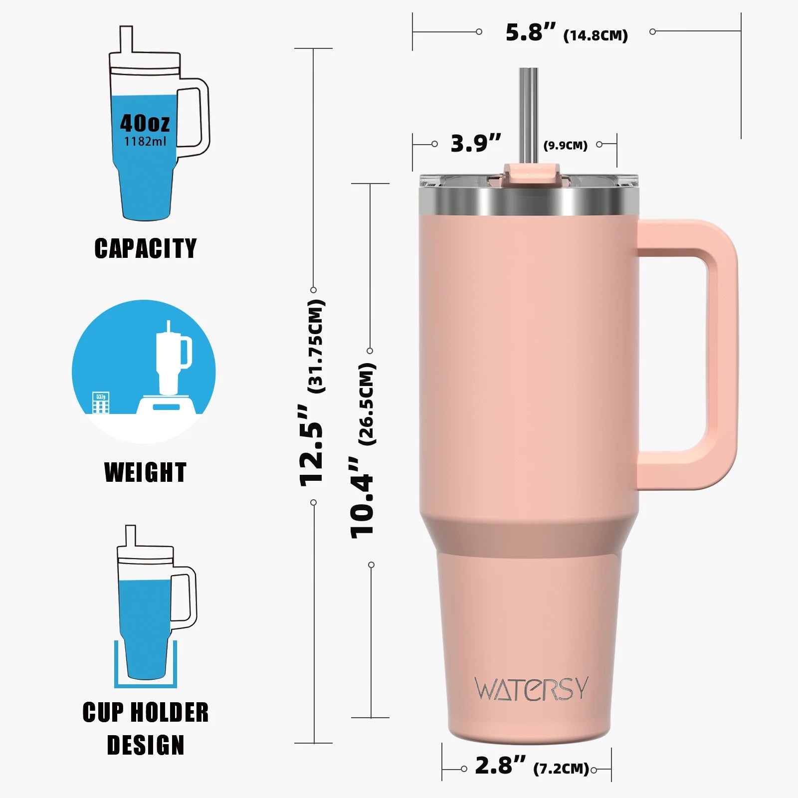 WATERSY 20/30/40oz Tumbler with Handle & Straw, Large Capacity Stainless Steel Thermal Cup, Vacuum Insulated Mug for Car, Travel