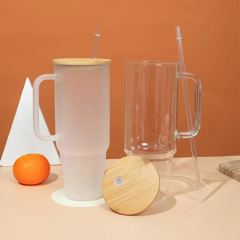 40OZ Glass Cup with Handle and Straw Lid Coffee Cup Reusable Transparent Bubble Tea Cup Juice Glass Beer Can Milk Mocha Cups