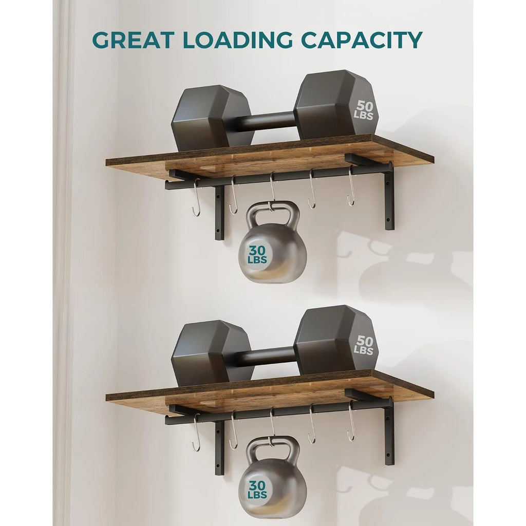 2 Pack Wooden 23.6'' Pot Pan Hanging Rack Wall Mounted with 10 S Hooks, Set of 2 Large Pot Wall Holder Kitchen Shelves.
