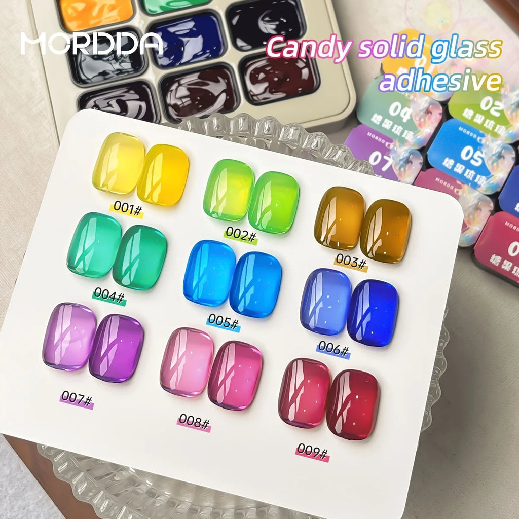 MORDDA 9Pcs Candy Solid Glass Adhesive Patter Glue Smudges Canned High Saturation Popular Semi-Solid Nail Polish