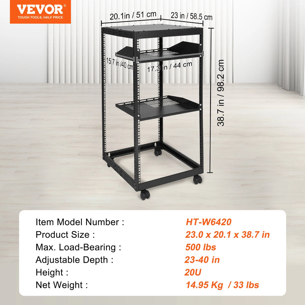 VEVOR Open Frame Server Rack 12U/15U/ 20U Floor Standing or Wall Mounted with Adjustable Depth for Microdata Center Office Use