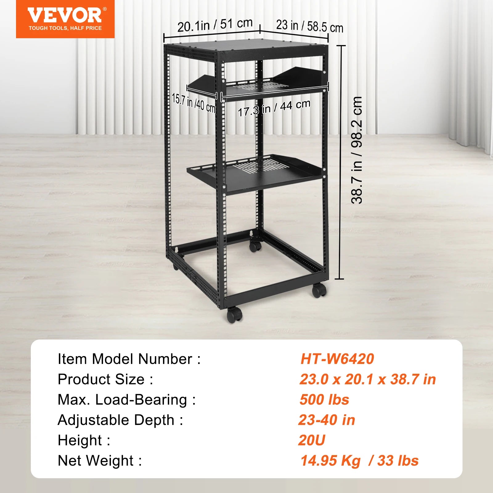 VEVOR Open Frame Server Rack 12U/15U/ 20U Floor Standing or Wall Mounted with Adjustable Depth for Microdata Center Office Use
