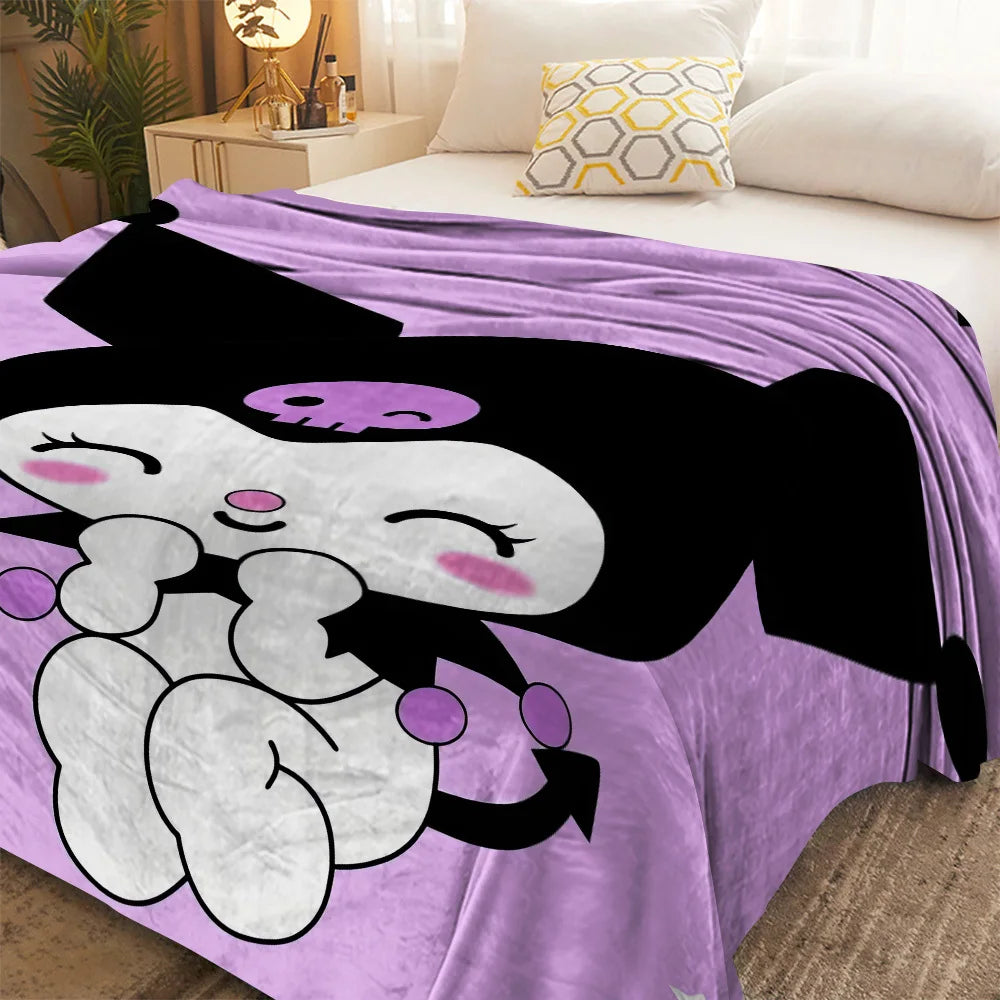 1 Cute Kuromi Blanket Single Sided 2D Print Soft Flannel Throw Blanket Living Room Bedroom Sofa Decor Kawaii Vibe Accessory Gift