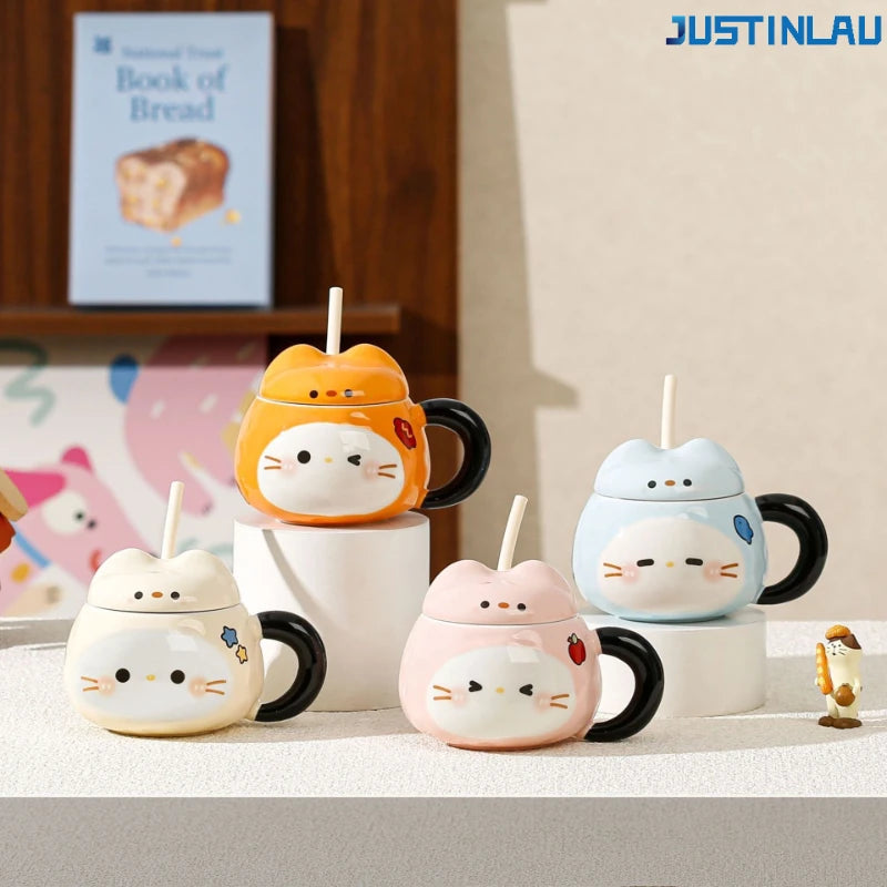 Set of Sesame-shaped Ceramic Cup Cat Grass Straw Cup with Lid and Straw Coffee Cup Breakfast Milk Cup Instagram-style Coffee Cup