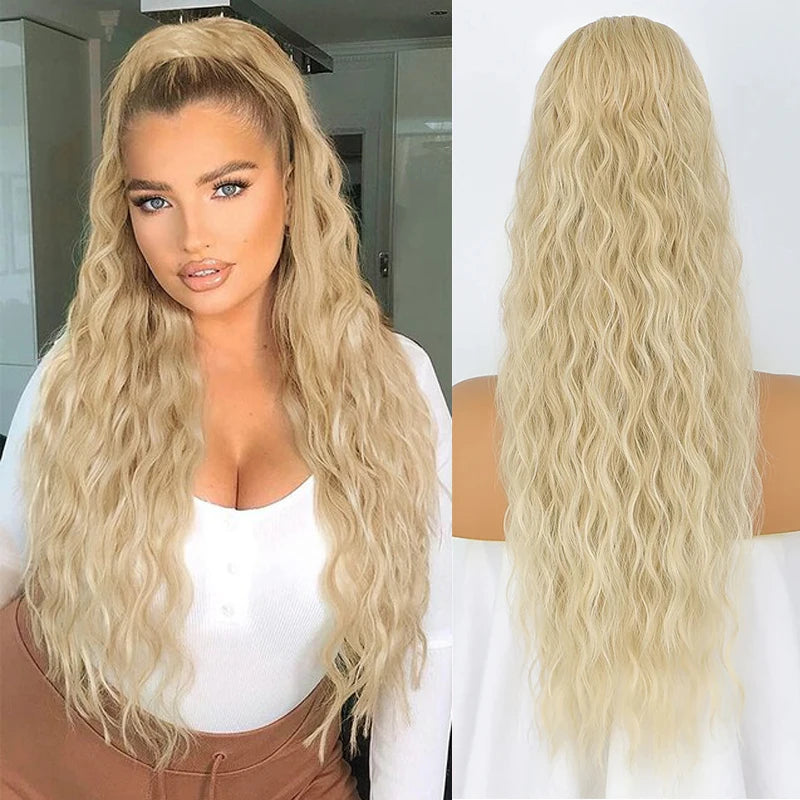 Long Curly Wavy Ponytail Hair Extension for Women Natural Synthetic Drawstring Ponytail Hairpieces Burgundy Blond Fake Pony Tail
