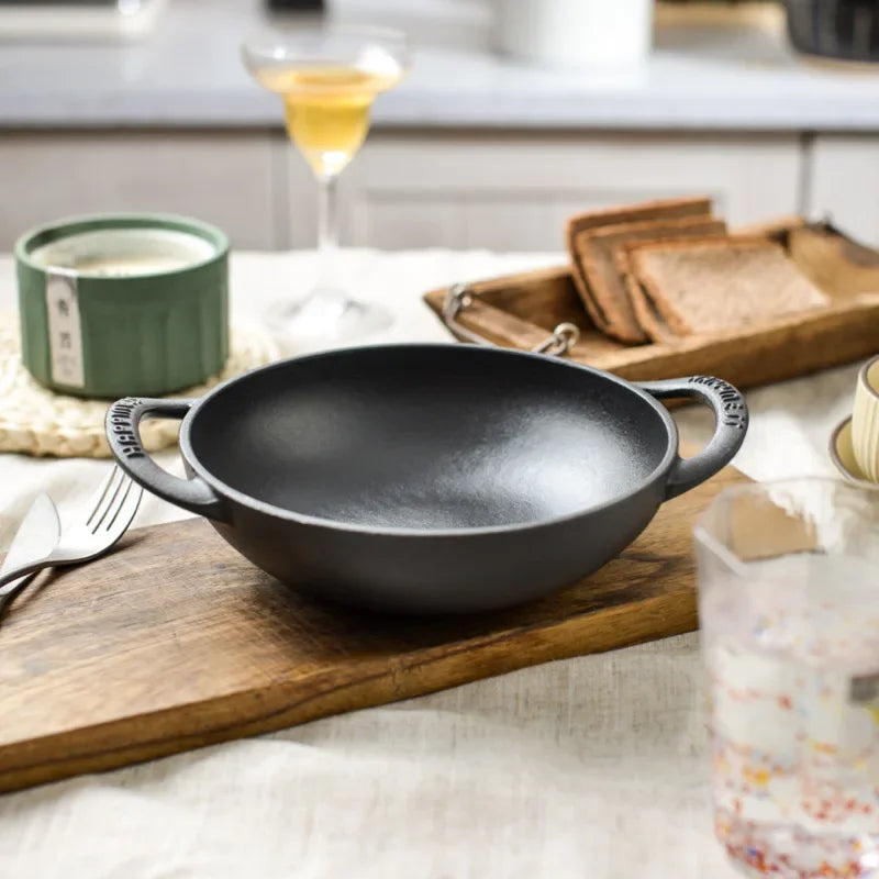 19cm Cast Iron Double Ear Frying Pan Flat Bottom Non-stick Thickened Mini Small Iron Kitchen Cooking Pan without Coating