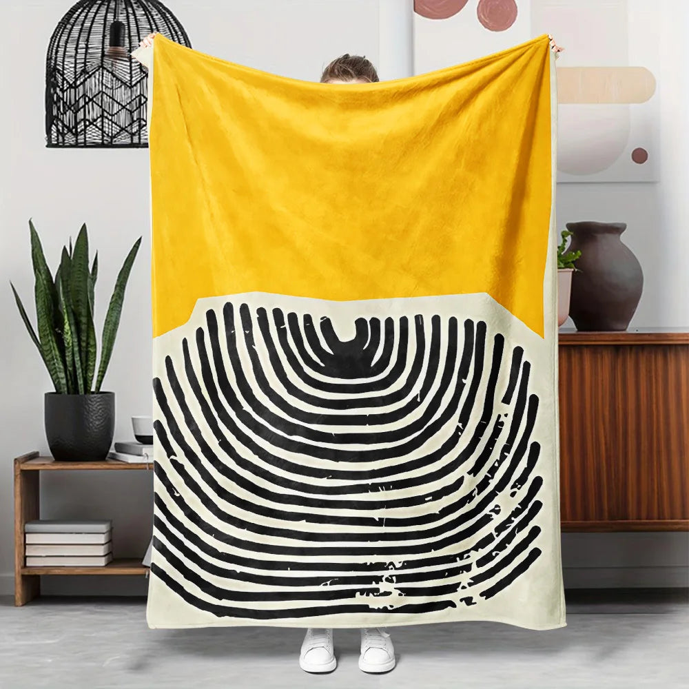 Yellow and Black Fingerprint Flannel Throw Blanket Vibrant Abstract Design Soft Cozy Fleece for Couch Bed Office and Travel All