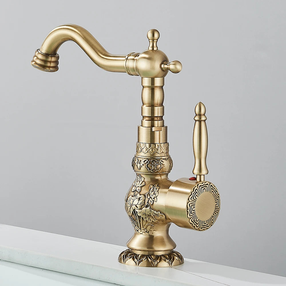 Basin Faucets Antique Brass Faucet Basin Carving Tap Rotation Single Handle Tap Mixer Taps Bathroom Vessel Sink Faucet