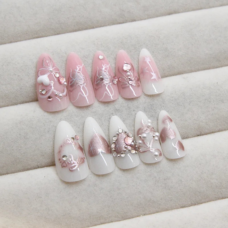 10pcs Sweet False Nail Patches Detachable Fake Nail Tips With Bowknots Love Heart Pearl Design Pink Almond Korean Press On Nail