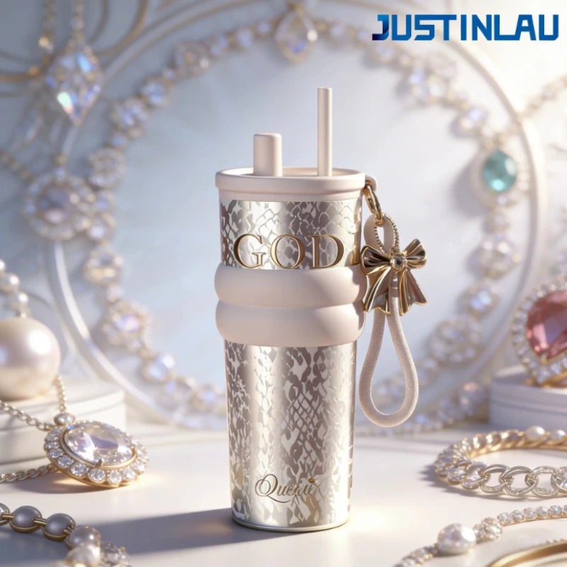 JUSTINLAU 710ML Goddess Style Aurora Insulated Cup Ceramic Coated Straw Cup Fashionable Drawstring Pendant Light Luxury Gift Cup