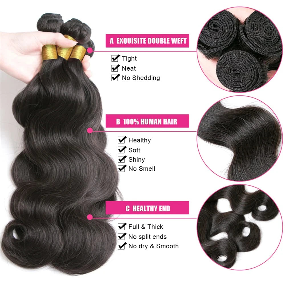 Body Wave 100% Human Hair Bundles With Closure Unprocessed Brazilian 3 Bundles with 4x4 Free Part Lace Closure For Women Remy