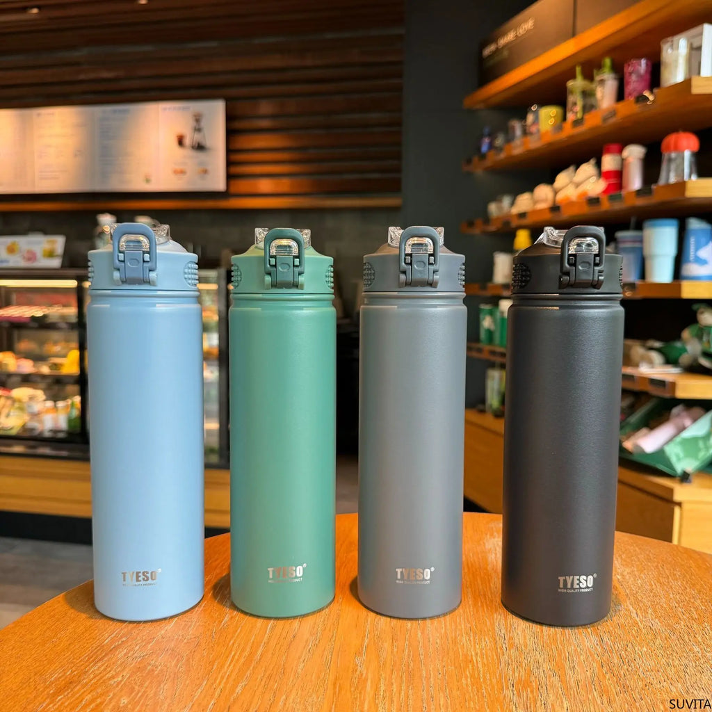 Tyeso 600/750ML Thermos Bottle With Straw Stainless Steel Car Thermal Cup Sports Water Bottles Keeps Cold and Hot Thermal Mug