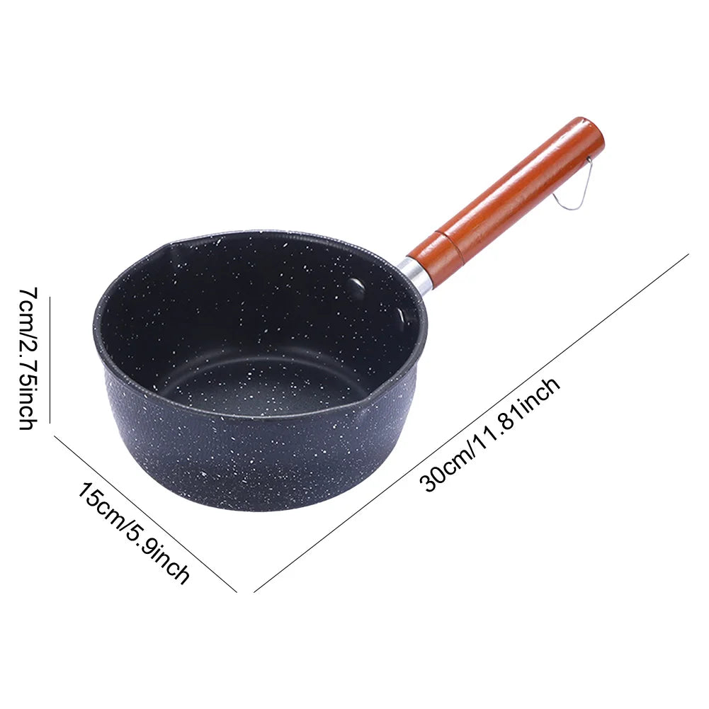 Non-Stick Cooking Saucepan with Pour Spout Cast Iron Hot Oil Pan Wooden Handle Butter Warmer for Pouring Oil Milk Heating Frying