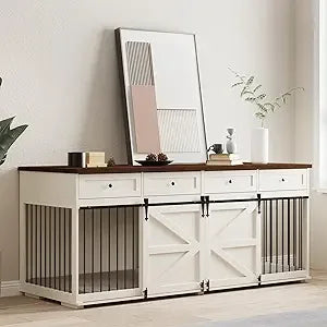 Indoor Wooden Dog Crate with 4 Drawers and Sliding Barn Doors for Small to Large Dogs - Stylish Kennel Furniture