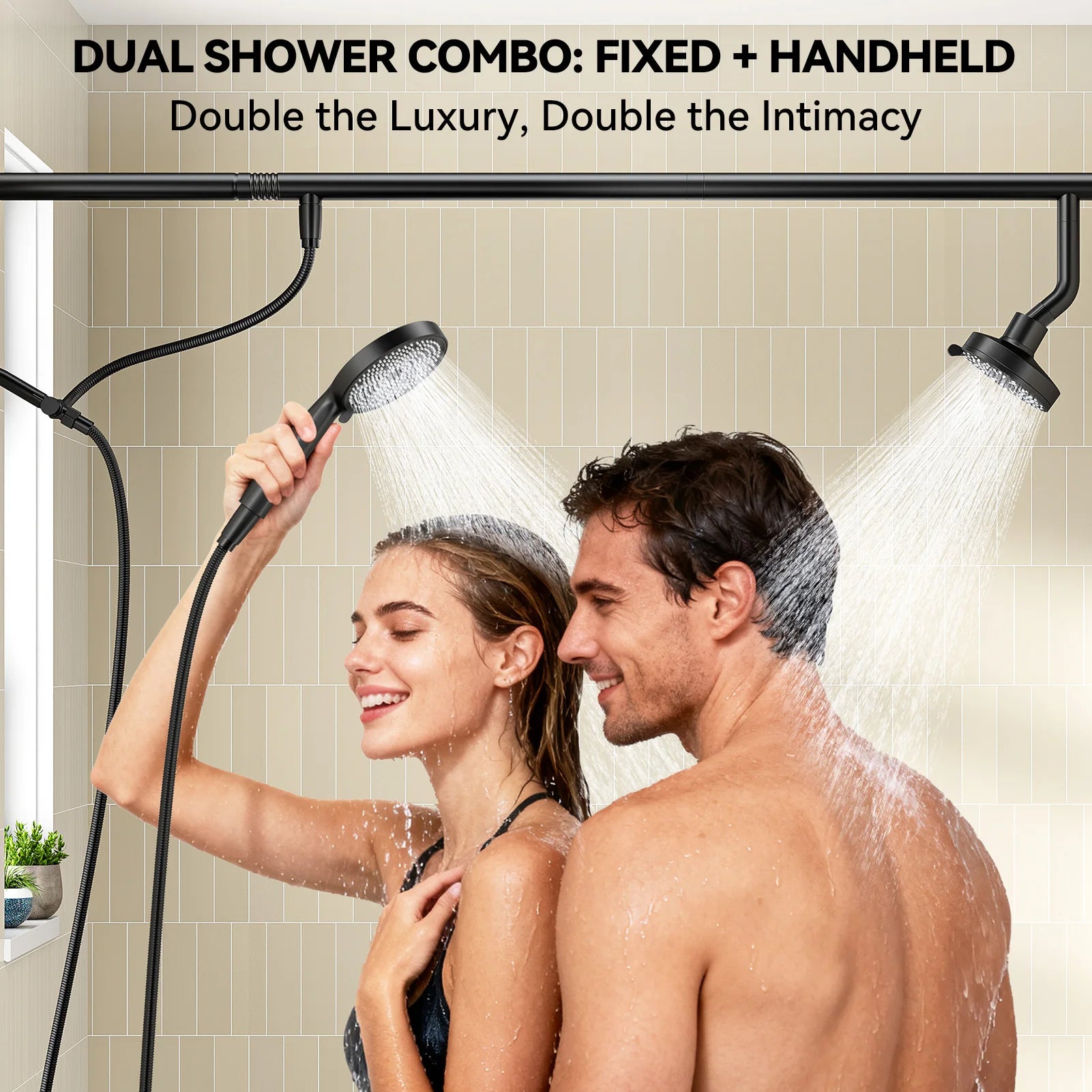 Tandem Shower Head For Couples, Dual Shower Head with Handheld, High Pressure Double Shower Heads for Two People Rod
