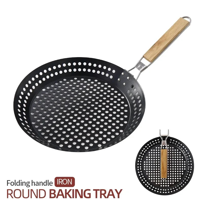 Round Hollowed-out Wooden Handle Barbecue Plate Outdoor Vegetable Barbecue Plate Outdoor Portable BBQ Grill Pan