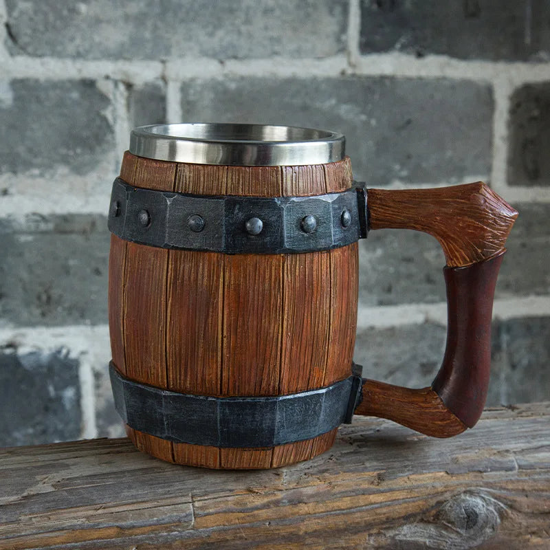 New Wooden Barrel Beer Cup Creative Large Capacity Bar Mug Water Cup Personalized Imitation Wood Stainless Steel Cup