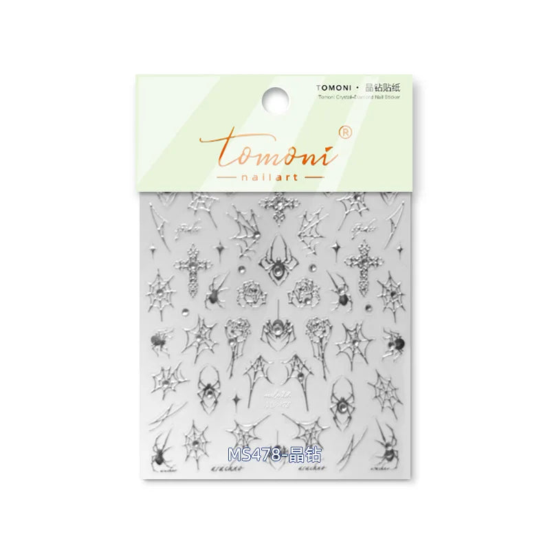1 piece 5D Spider Web Nail Sticker Cross Silver White Black Glitter Transparent Rhinestone Rose Self-Adhesive Nail Art Sticker