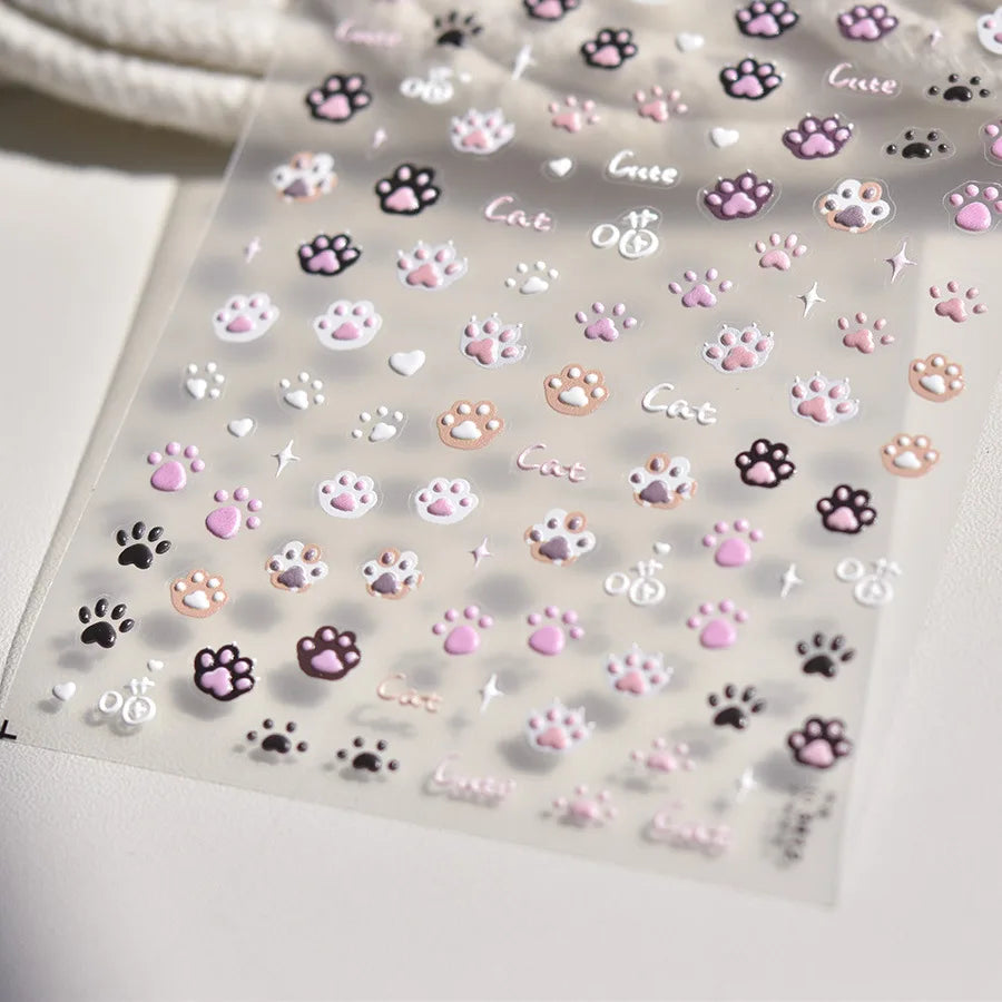 1pc 5D Cute Jelly Pink Cat Paw Print Nail Sticker Lovely Kitty Puppy Dog Cartoon Embossed Relief Nail Art Sticker Manicure Decal